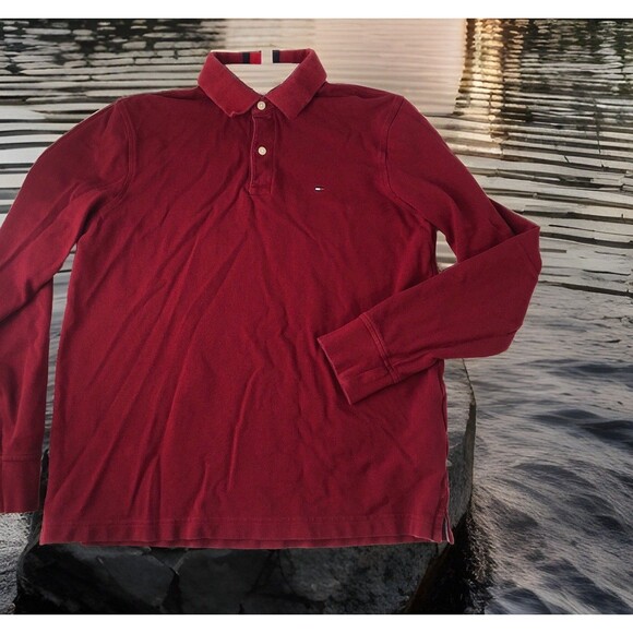 Tommy Hilfiger Mens Long Sleeve Polo 2 Button Maroon Tag Size Medium - Picture 1 of 15